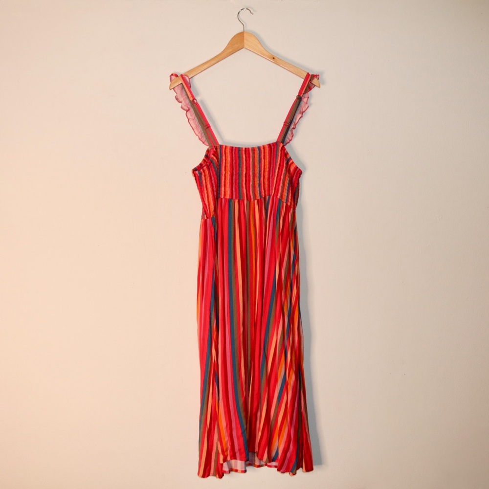 Torrid Midi Challis Smocked Tiered Dress in Stripe Pink - Picture 5 of 13